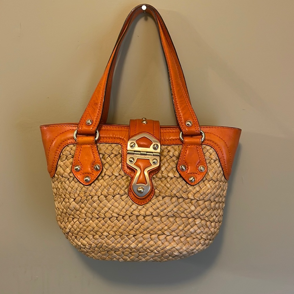 Michael Kors straw and orange leather tote